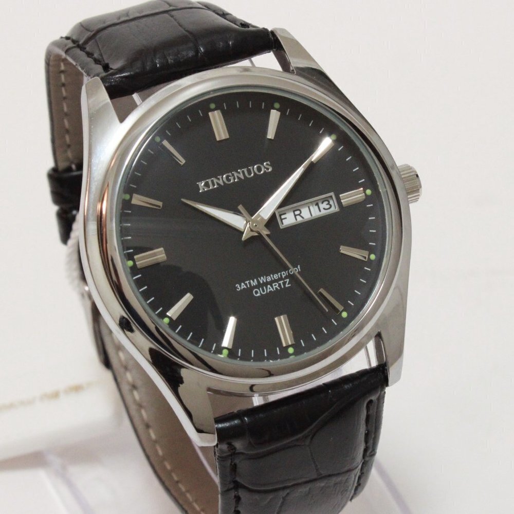 Men's Contemporary Dress Watch Silver Case Black Leather Watch Strap 40mm
